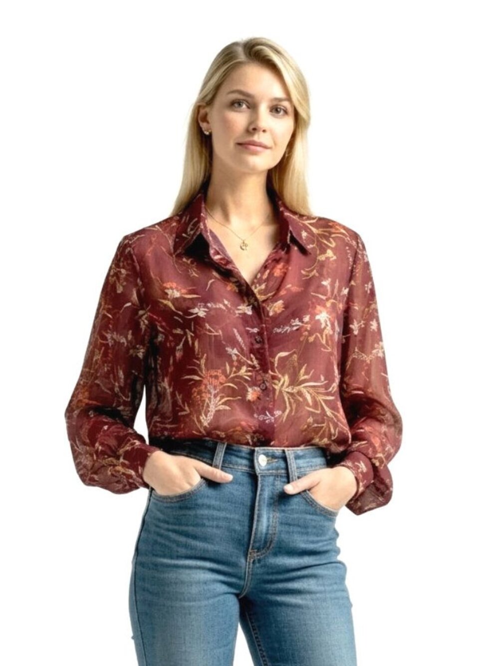 Balenciaga Authentic Red Floral Sheer Silk Blouse, Womens Size IT 36 / US 4